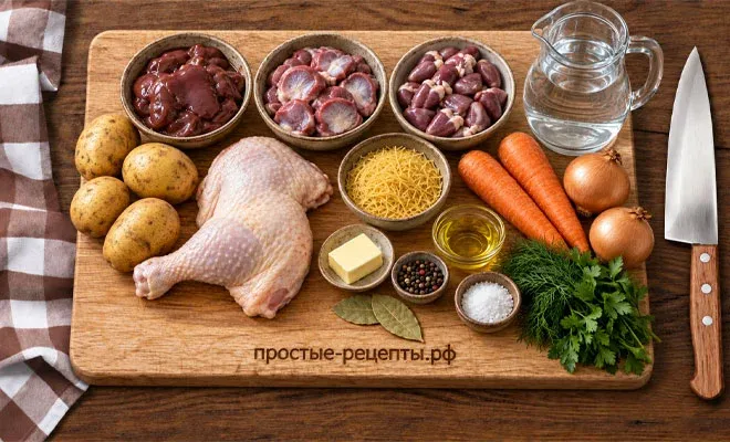 Ингредиенты для приготовления супа с куриными потрошками и вермишелью