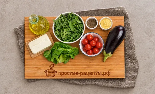 ингредиенты для тёплого салата с баклажанами и сыром фета