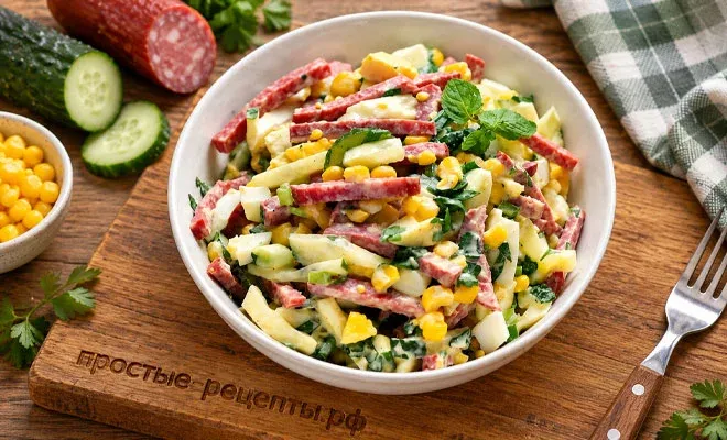 салат с колбасой кукурузой и огурцом