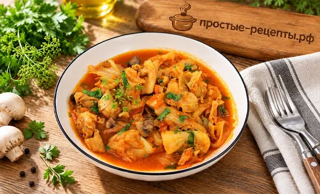 капуста тушёная с курицей и грибами - пошаговый рецепт приготовления с фото